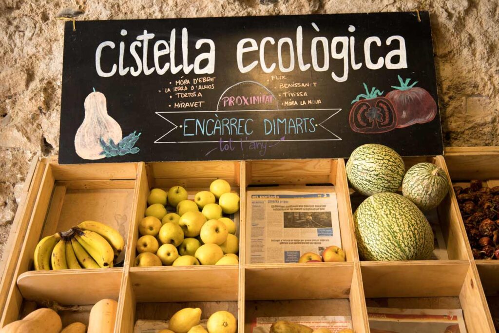 Part de la botiga on hi ha fruites exposades, es poden veure plàtans, pomes, llimones, carabasses...